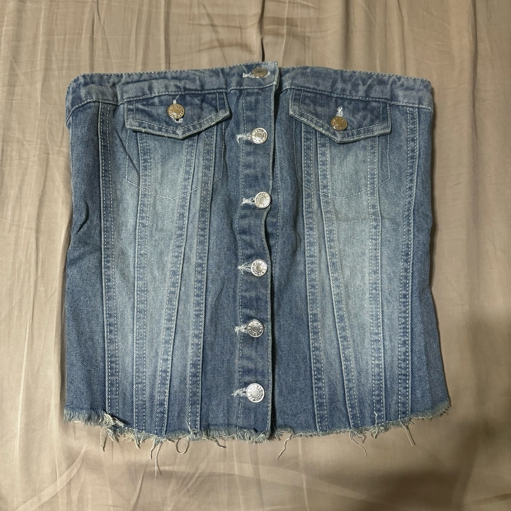 Blue Denim Crop Button Front Bandeau Top